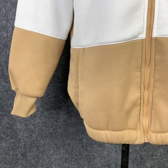 Shein Zip Front Sweatshirt Women XS Tan White Long Sleeve Pockets - Picture 3 of 11